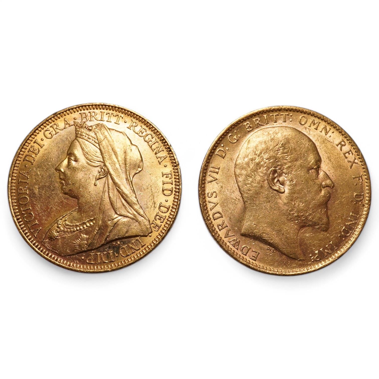 Australia gold coins, Victoria, gold sovereign, veiled head, 1895M, near EF, Edward VII, gold sovereign, 1906M, scratch otherwise about EF (2)